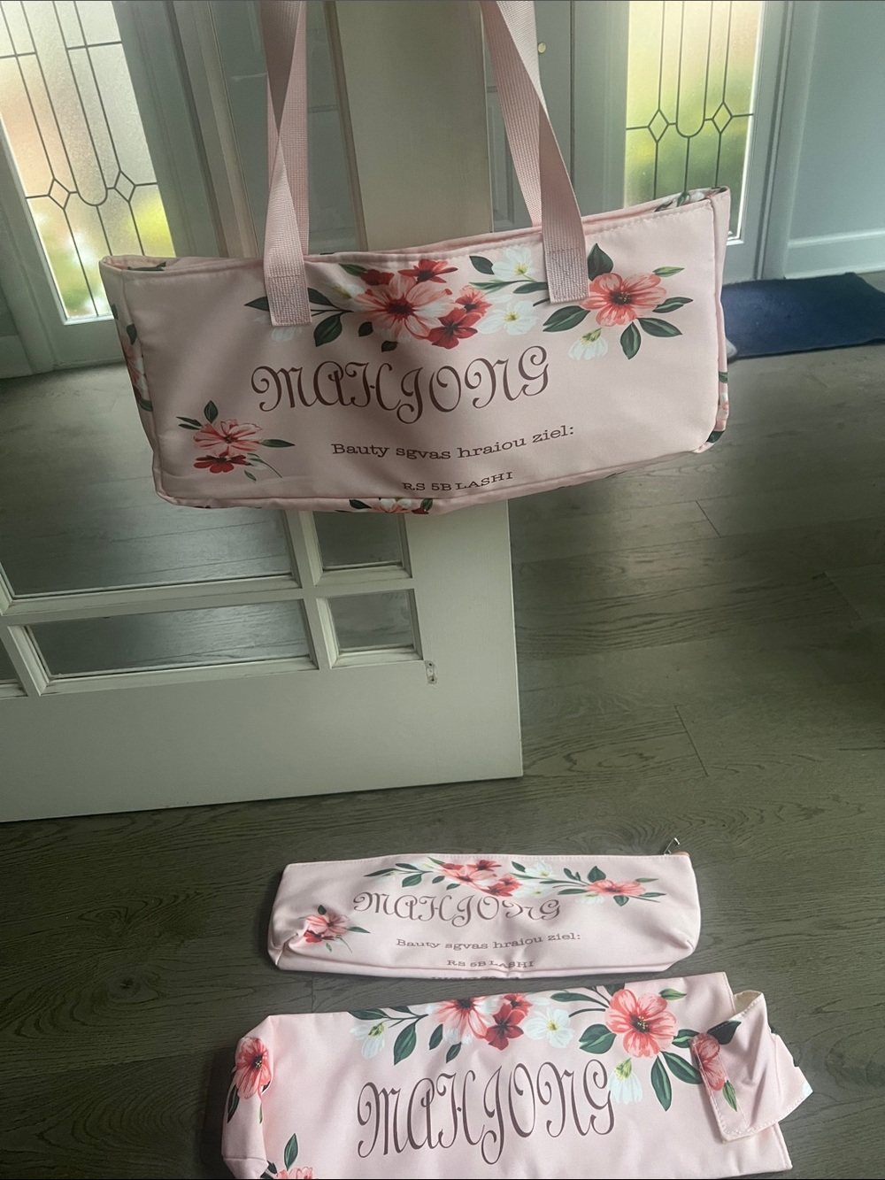 Mahjong Pink Floral Tote Bag with miscellaneous words